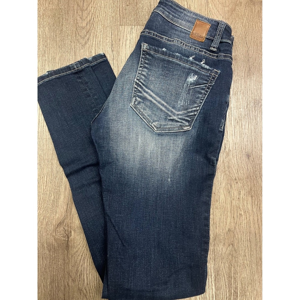 BKE Stella Skinny Jeans Womens 28L Dark Wash Distressed Whiskered Mid Rise Denim